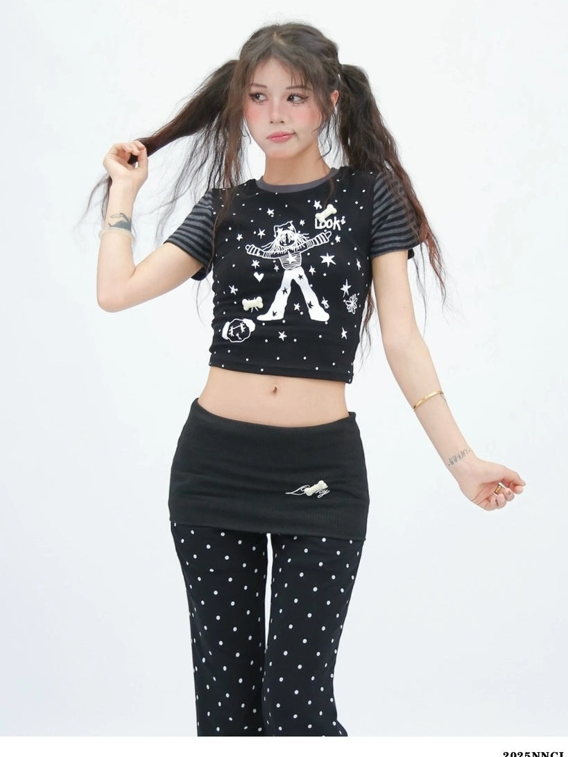 NANAICHILLI Moisture Wicking Cartoon Print Slim Fit Street Style Youth Black White T-Shirt