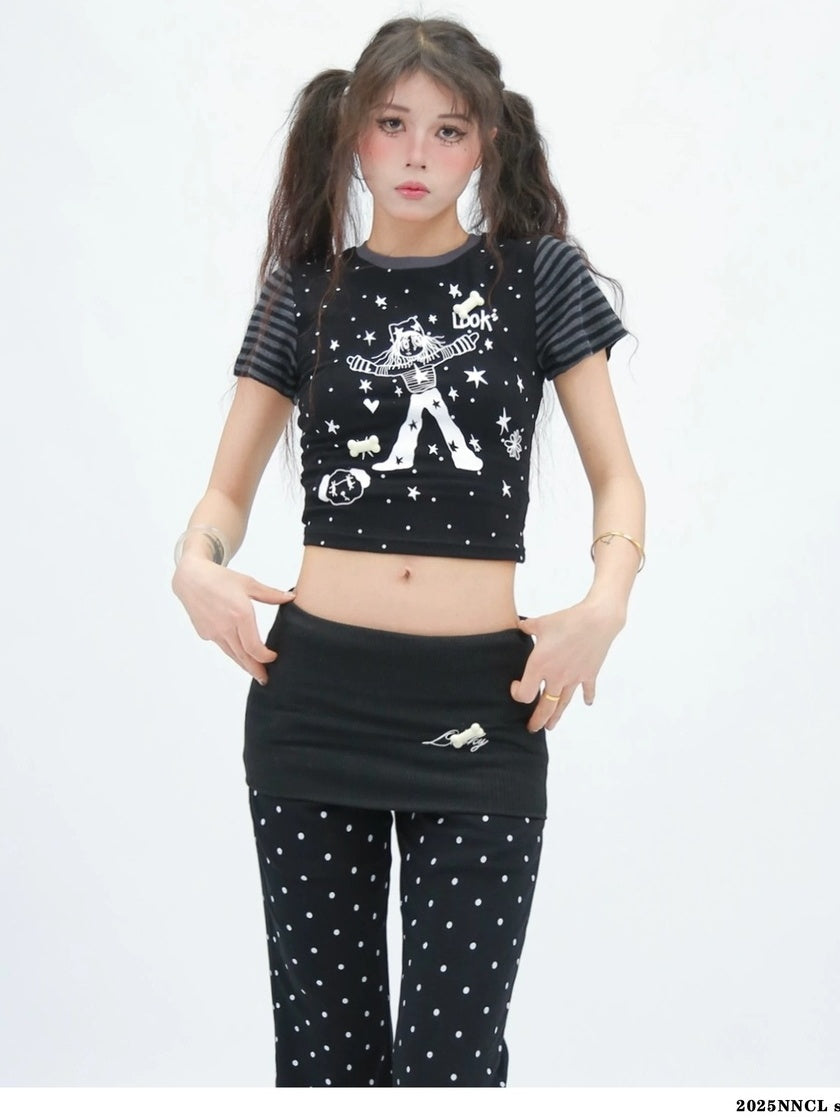 NANAICHILLI Moisture Wicking Cartoon Print Slim Fit Street Style Youth Black White T-Shirt