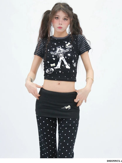 NANAICHILLI Moisture Wicking Cartoon Print Slim Fit Street Style Youth Black White T-Shirt