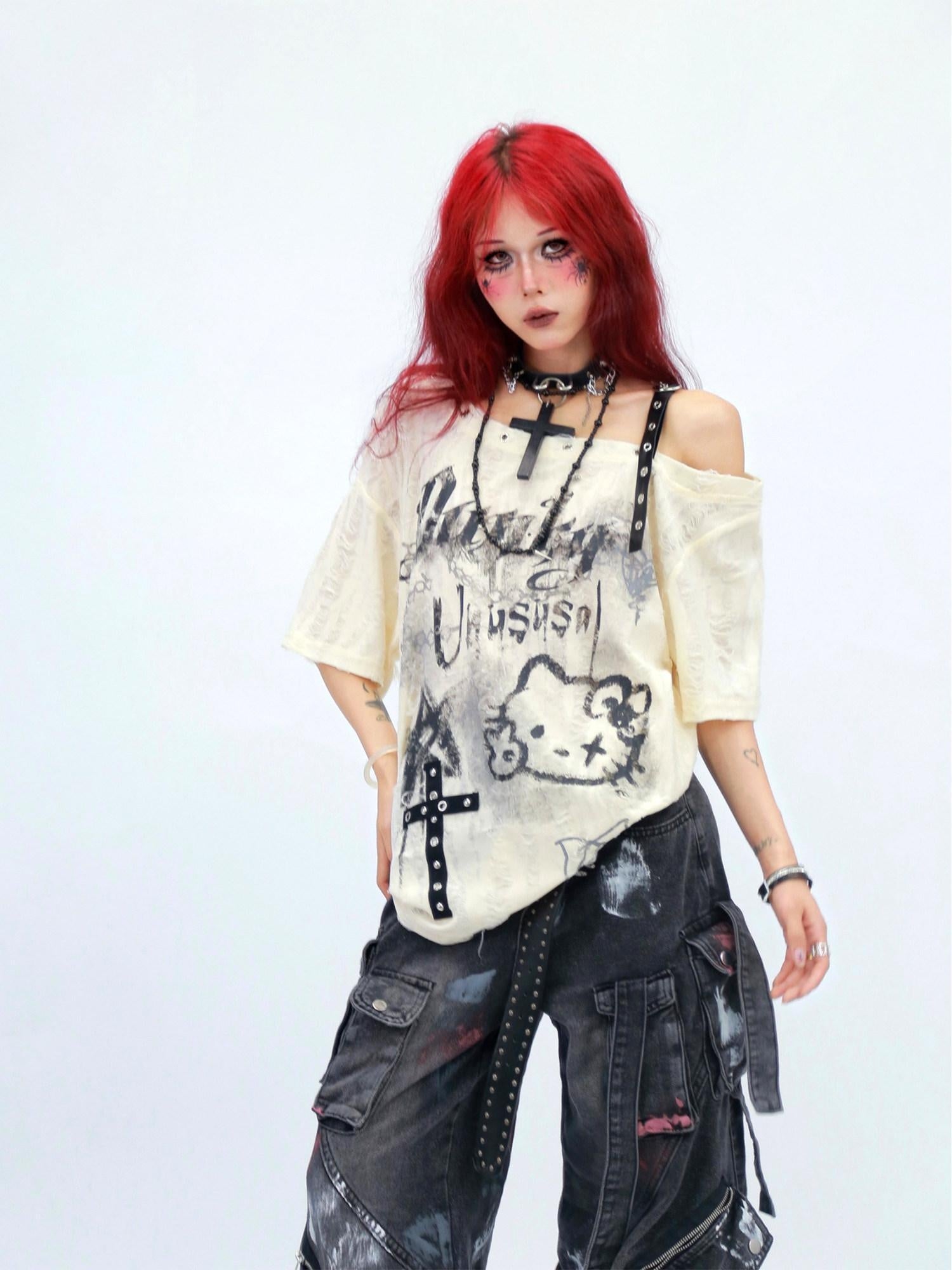 NANAICHILLI Moisture Wicking Cartoon Print Streetwear Loose Boat Neck Beige T-Shirt