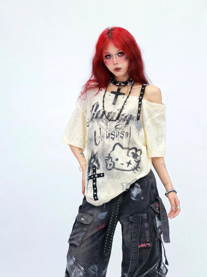 NANAICHILLI Moisture Wicking Cartoon Print Streetwear Loose Boat Neck Beige T-Shirt