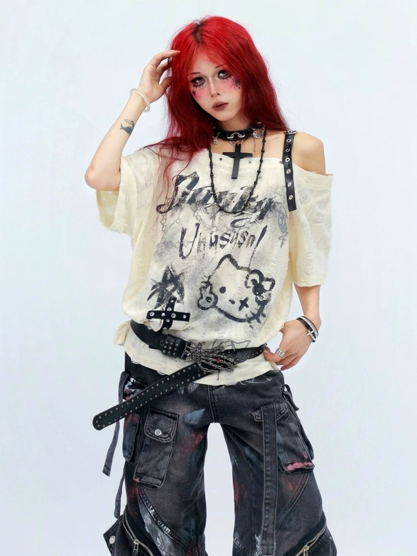 NANAICHILLI Moisture Wicking Cartoon Print Streetwear Loose Boat Neck Beige T-Shirt