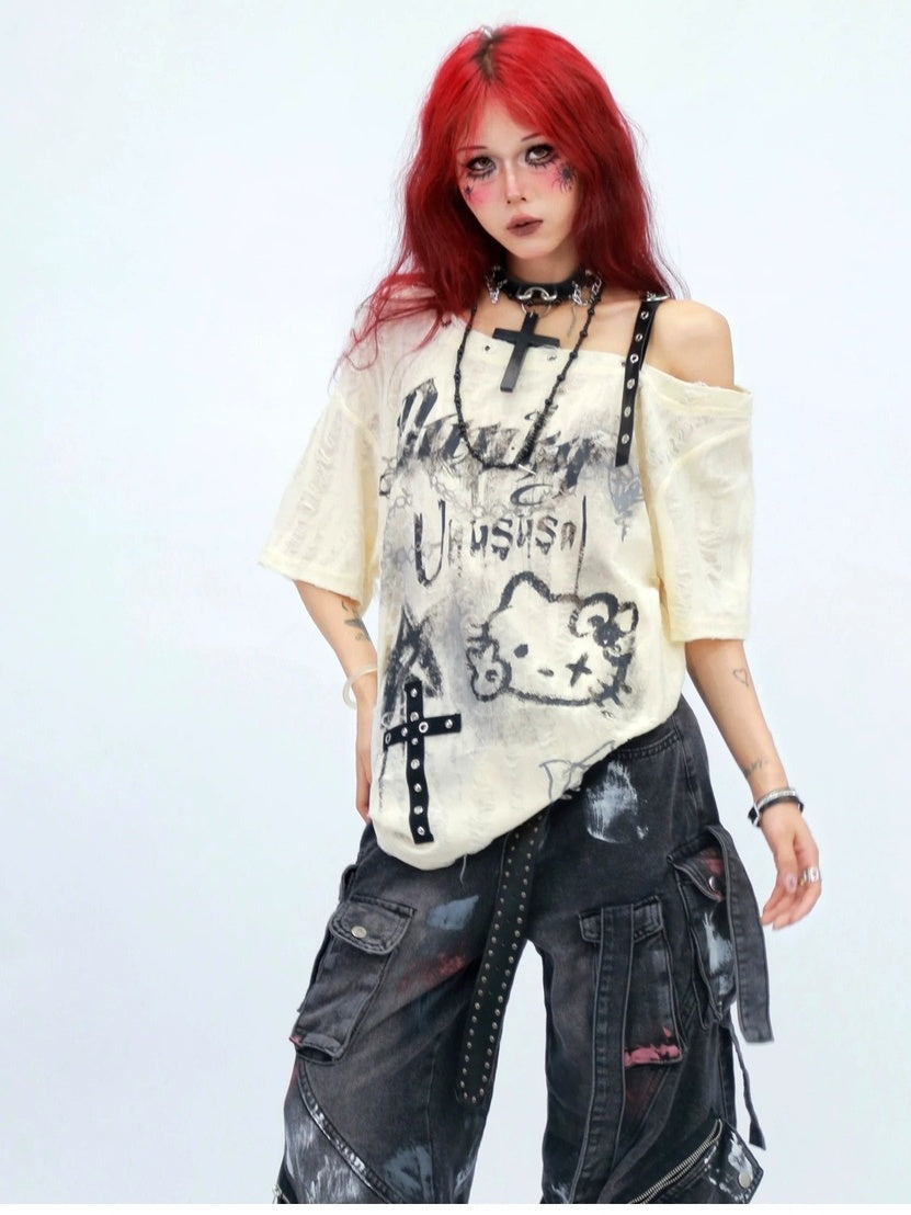 NANAICHILLI Moisture Wicking Cartoon Print Streetwear Loose Boat Neck Beige T-Shirt