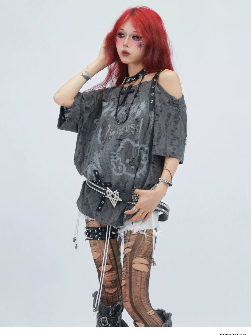 NANAICHILLI Moisture Wicking Cartoon Print Streetwear Loose Boat Neck Beige T-Shirt