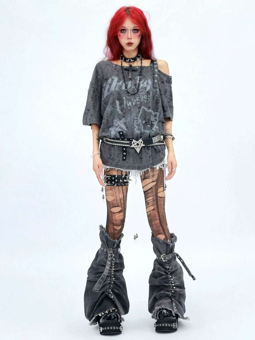 NANAICHILLI Moisture Wicking Cartoon Print Streetwear Loose Boat Neck Beige T-Shirt