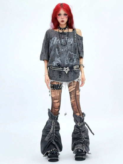 NANAICHILLI Moisture Wicking Cartoon Print Streetwear Loose Boat Neck Beige T-Shirt