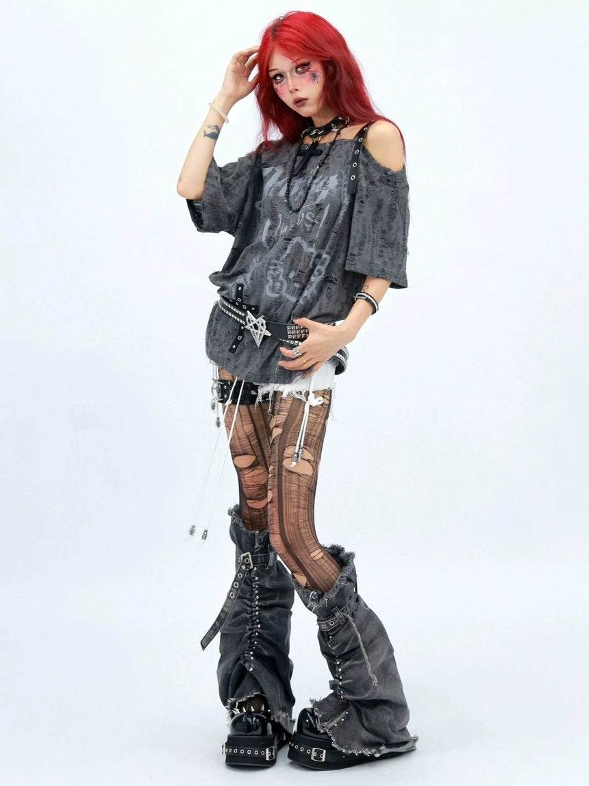 NANAICHILLI Moisture Wicking Cartoon Print Streetwear Loose Boat Neck Beige T-Shirt