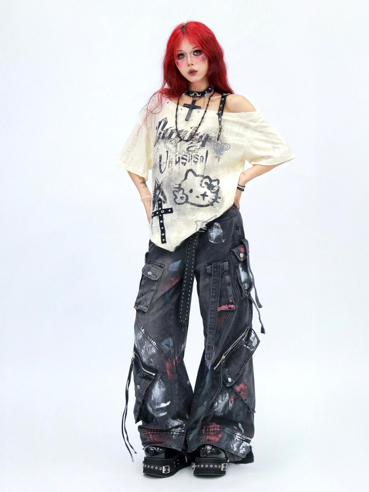 NANAICHILLI Moisture Wicking Cartoon Print Streetwear Loose Boat Neck Beige T-Shirt