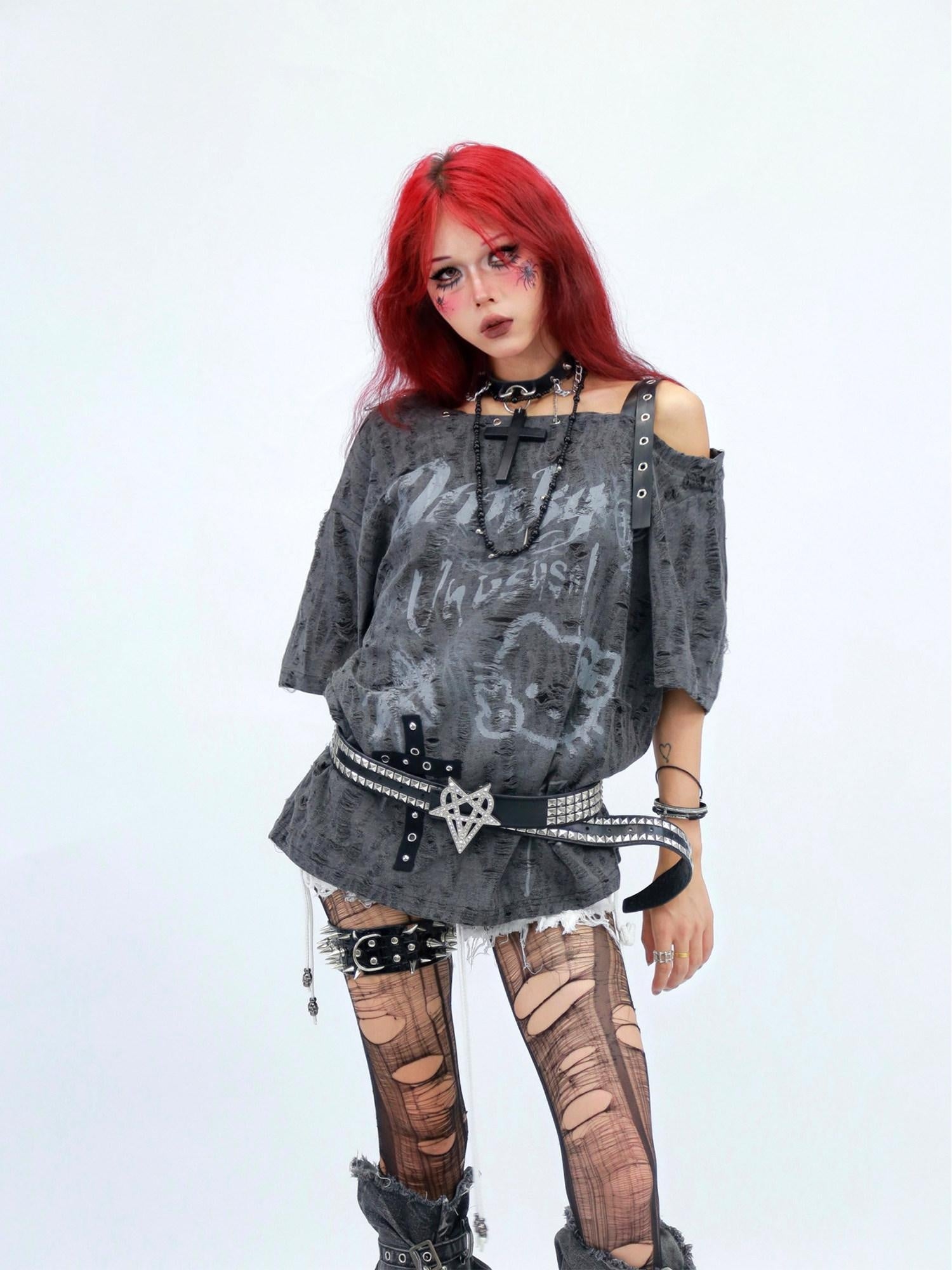 NANAICHILLI Moisture Wicking Cartoon Print Streetwear Loose Boat Neck Beige T-Shirt