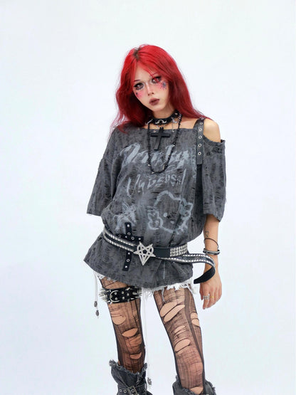 NANAICHILLI Moisture Wicking Cartoon Print Streetwear Loose Boat Neck Beige T-Shirt