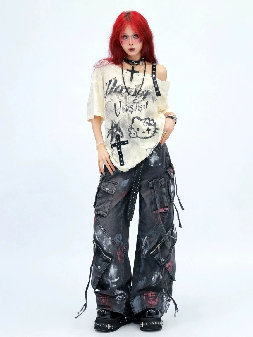 NANAICHILLI Moisture Wicking Cartoon Print Streetwear Loose Boat Neck Beige T-Shirt