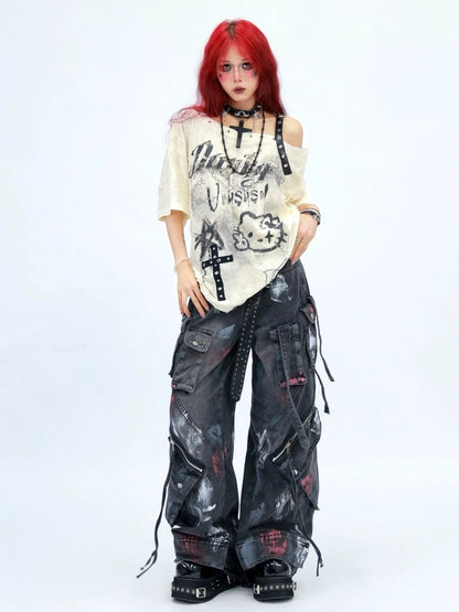 NANAICHILLI Moisture Wicking Cartoon Print Streetwear Loose Boat Neck Beige T-Shirt