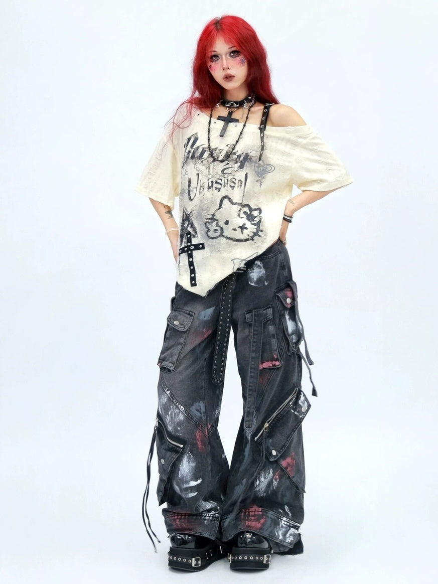 NANAICHILLI Moisture Wicking Cartoon Print Streetwear Loose Boat Neck Beige T-Shirt