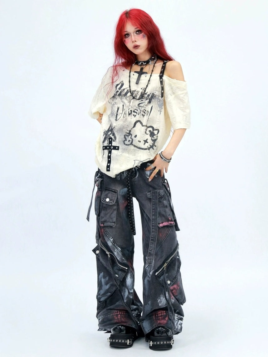 NANAICHILLI Moisture Wicking Cartoon Print Streetwear Loose Boat Neck Beige T-Shirt