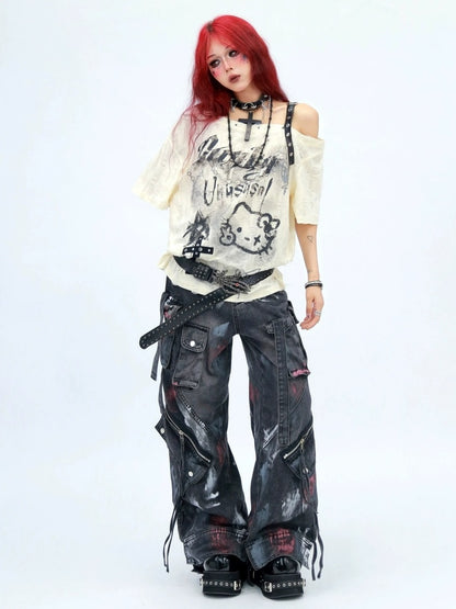 NANAICHILLI Moisture Wicking Cartoon Print Streetwear Loose Boat Neck Beige T-Shirt