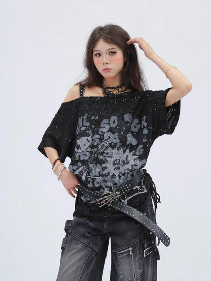 NANAICHILLI Moisture Wicking Casual Loose Printed Boat Neck Women Almond Black T-Shirt