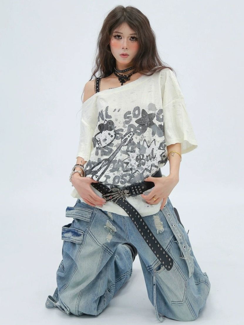 NANAICHILLI Moisture Wicking Casual Loose Printed Boat Neck Women Almond Black T-Shirt