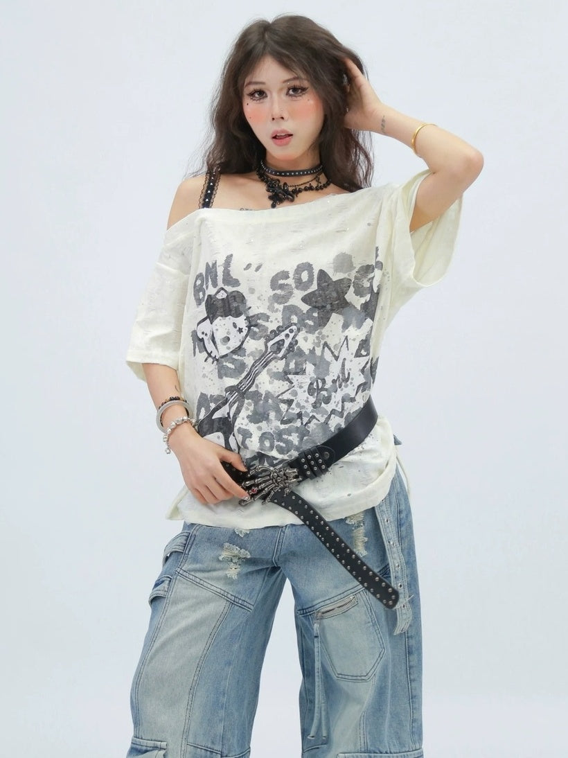 NANAICHILLI Moisture Wicking Casual Loose Printed Boat Neck Women Almond Black T-Shirt