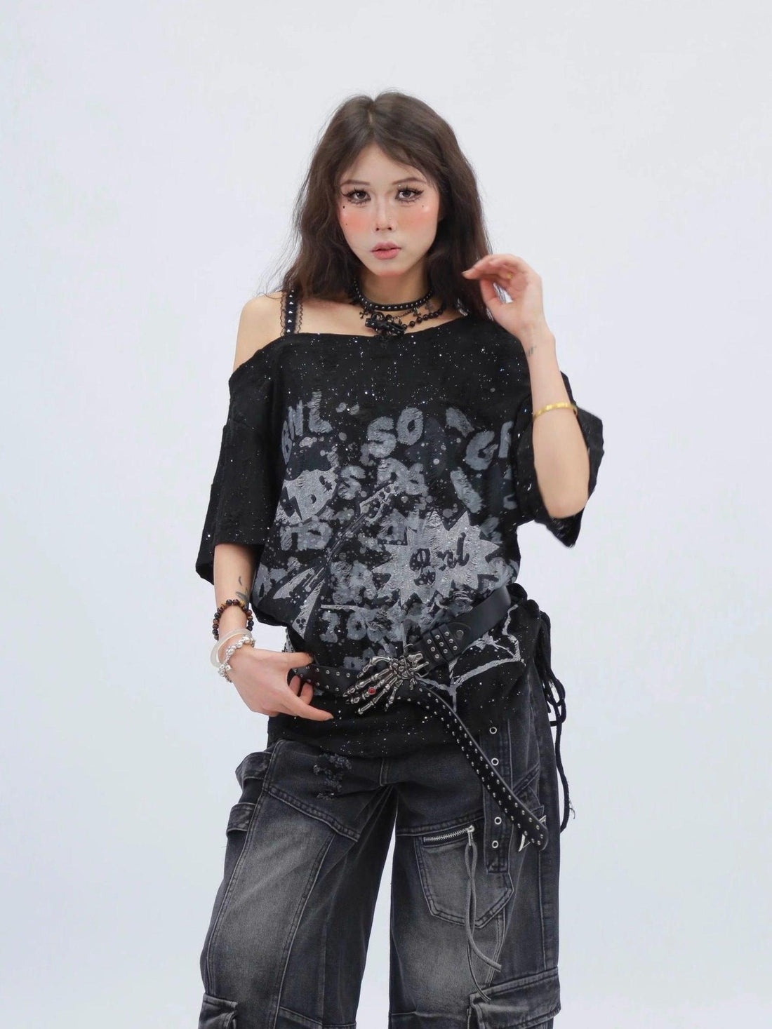 NANAICHILLI Moisture Wicking Casual Loose Printed Boat Neck Women Almond Black T-Shirt