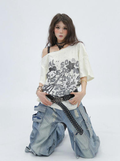 NANAICHILLI Moisture Wicking Casual Loose Printed Boat Neck Women Almond Black T-Shirt