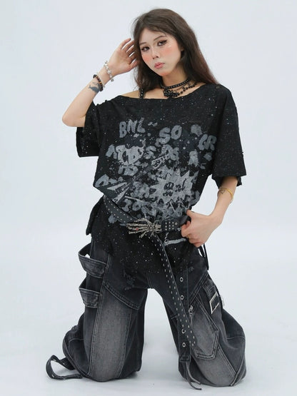 NANAICHILLI Moisture Wicking Casual Loose Printed Boat Neck Women Almond Black T-Shirt