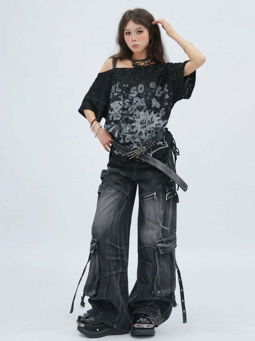 NANAICHILLI Moisture Wicking Casual Loose Printed Boat Neck Women Almond Black T-Shirt