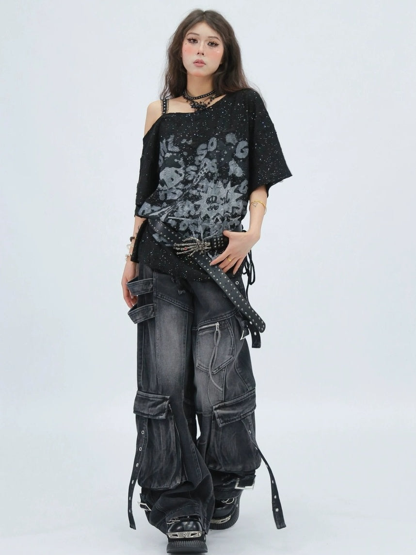 NANAICHILLI Moisture Wicking Casual Loose Printed Boat Neck Women Almond Black T-Shirt