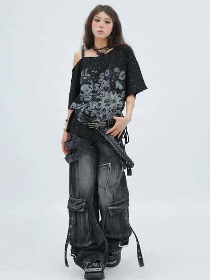 NANAICHILLI Moisture Wicking Casual Loose Printed Boat Neck Women Almond Black T-Shirt