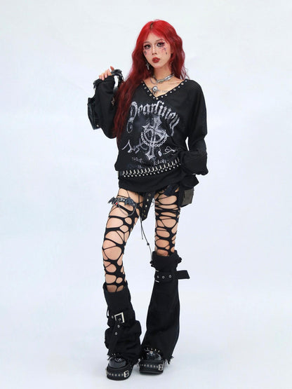 NANAICHILLI Moisture Wicking Casual Loose V Neck Studded Print Women Long Sleeve T-Shirt