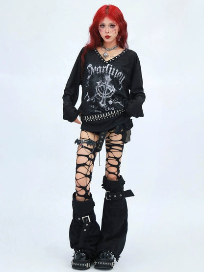 NANAICHILLI Moisture Wicking Casual Loose V Neck Studded Print Women Long Sleeve T-Shirt