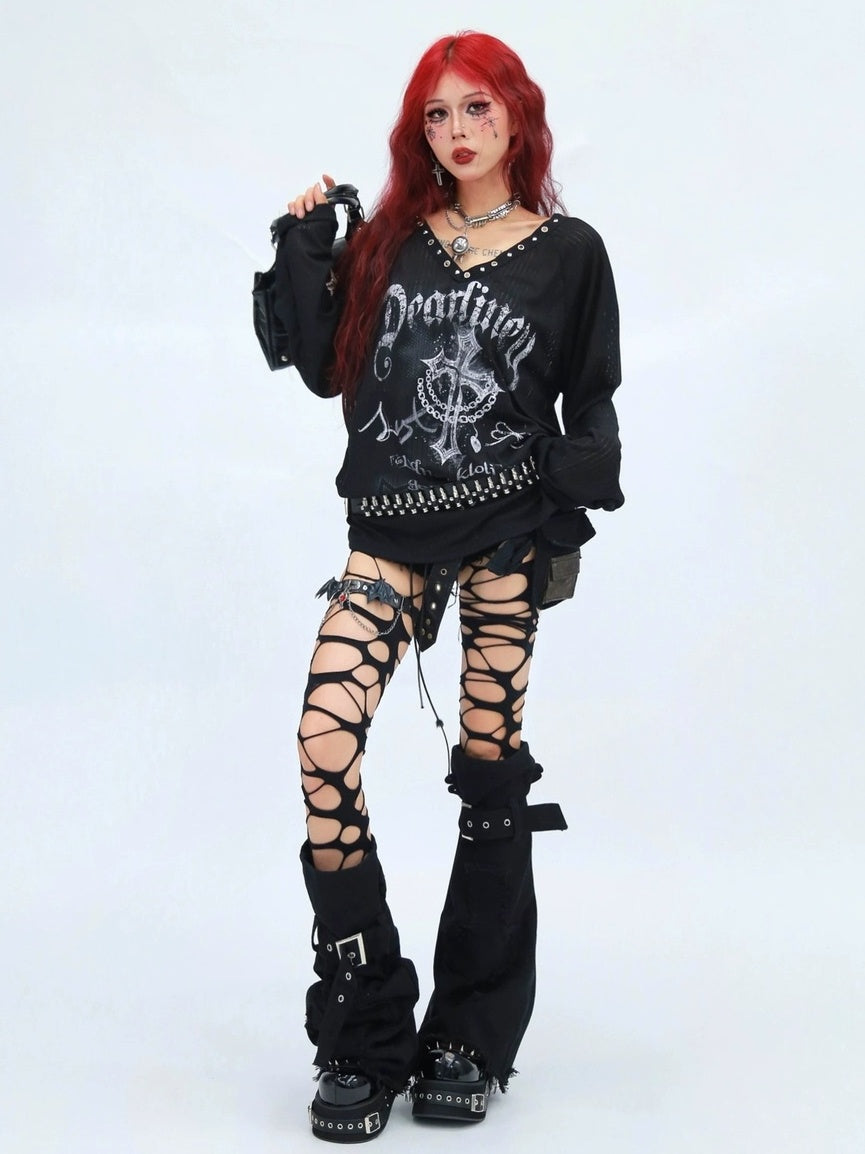 NANAICHILLI Moisture Wicking Casual Loose V Neck Studded Print Women Long Sleeve T-Shirt