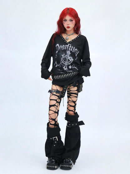 NANAICHILLI Moisture Wicking Casual Loose V Neck Studded Print Women Long Sleeve T-Shirt