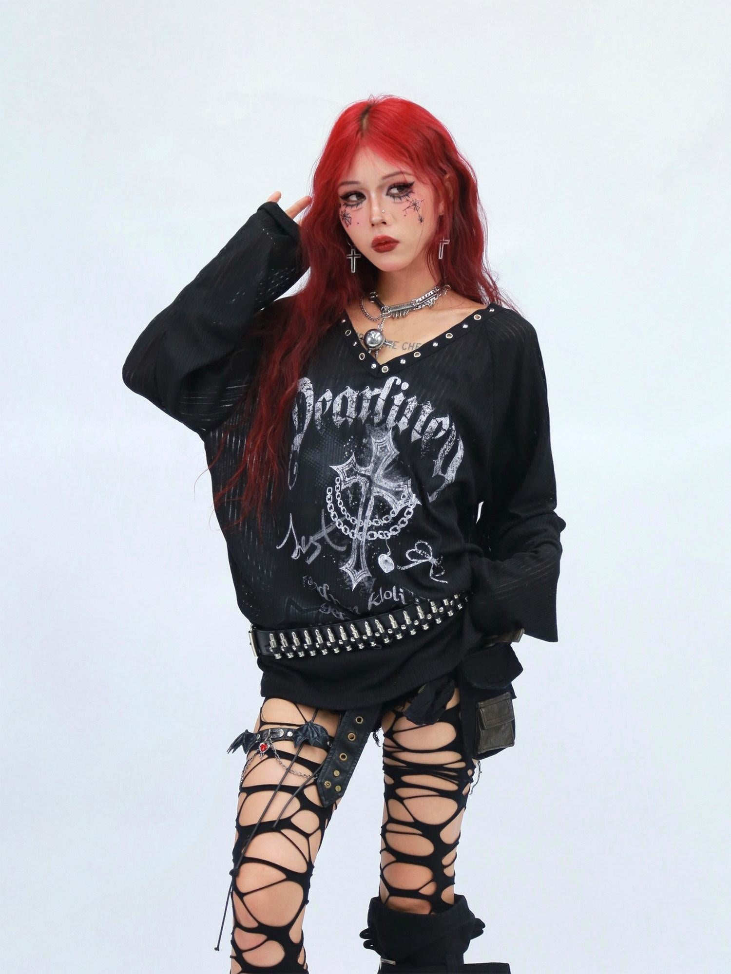 NANAICHILLI Moisture Wicking Casual Loose V Neck Studded Print Women Long Sleeve T-Shirt