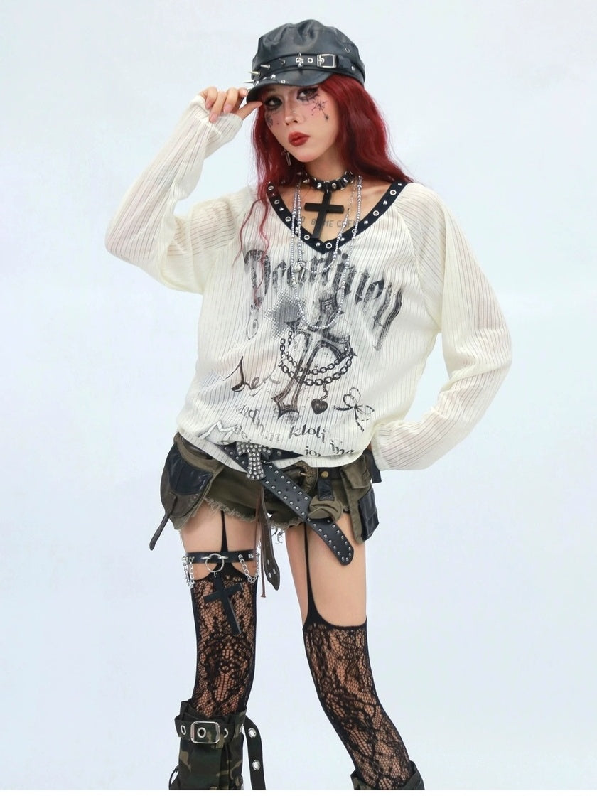 NANAICHILLI Moisture Wicking Casual Loose V Neck Studded Print Women Long Sleeve T-Shirt