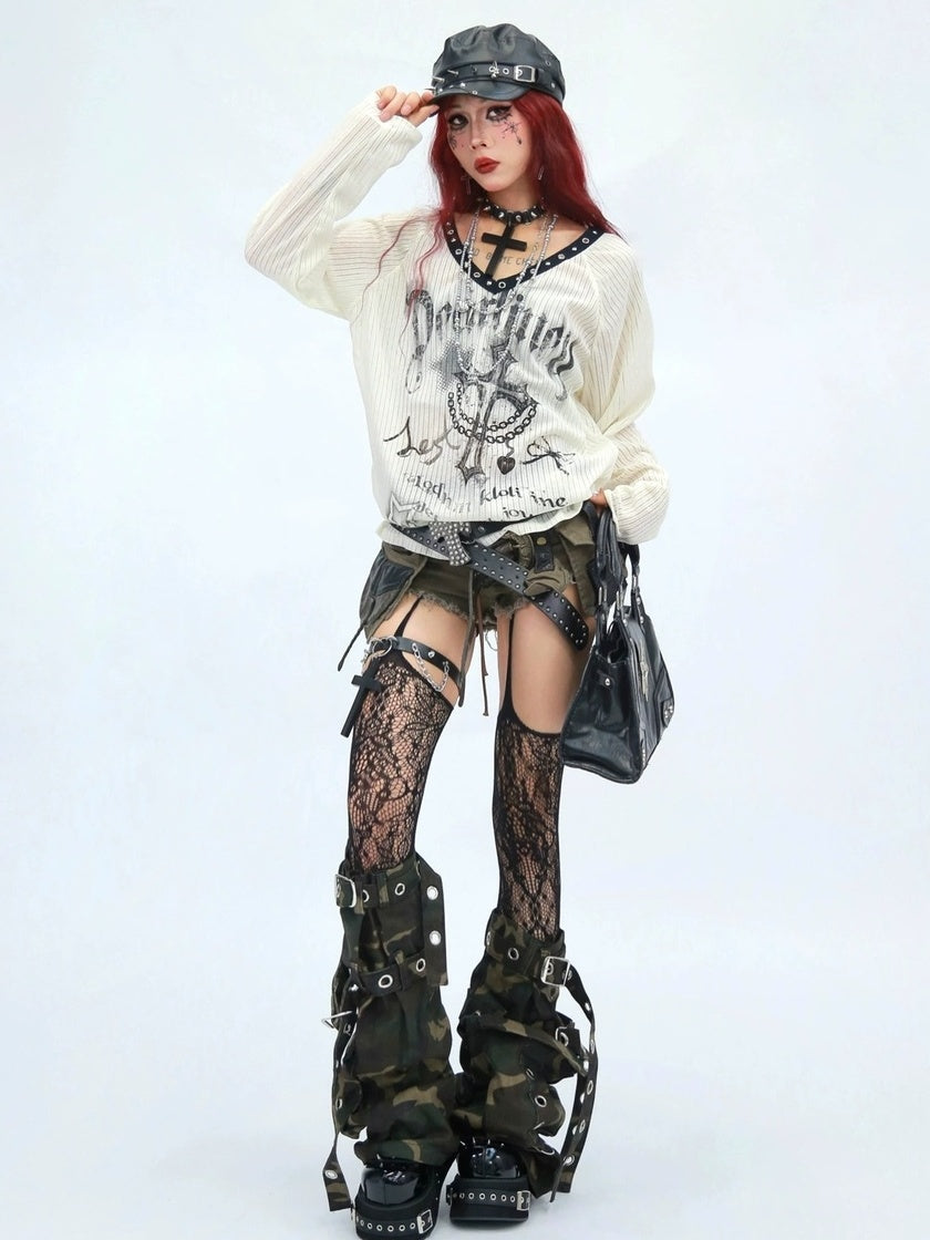 NANAICHILLI Moisture Wicking Casual Loose V Neck Studded Print Women Long Sleeve T-Shirt