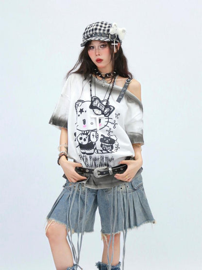 NANAICHILLI Moisture Wicking Cotton Street Loose Oblique Neck Printed Unisex Cartoon T-Shirt