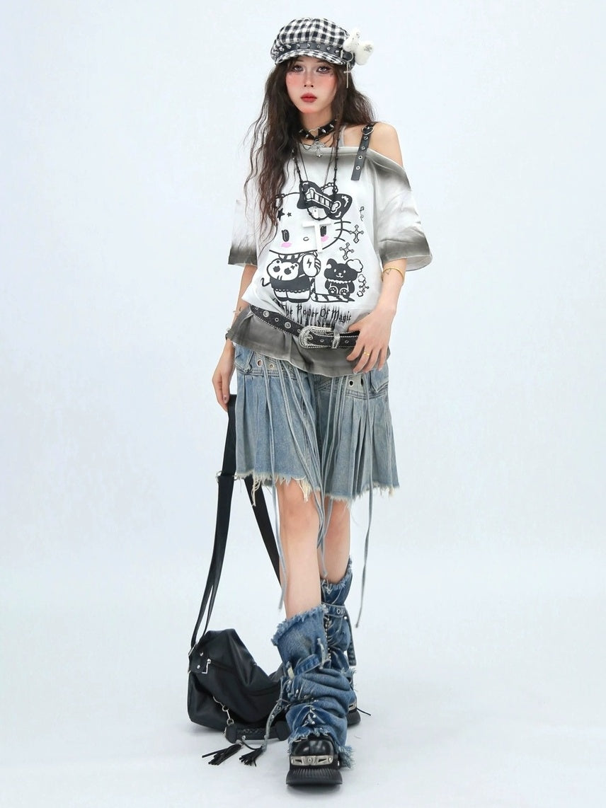 NANAICHILLI Moisture Wicking Cotton Street Loose Oblique Neck Printed Unisex Cartoon T-Shirt