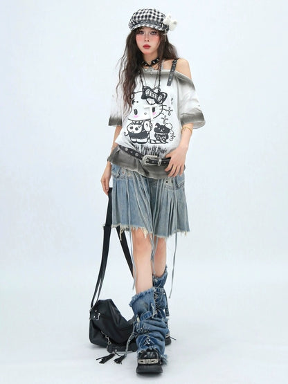 NANAICHILLI Moisture Wicking Cotton Street Loose Oblique Neck Printed Unisex Cartoon T-Shirt