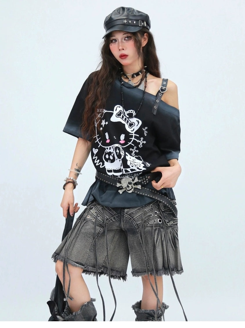 NANAICHILLI Moisture Wicking Cotton Street Loose Oblique Neck Printed Unisex Cartoon T-Shirt