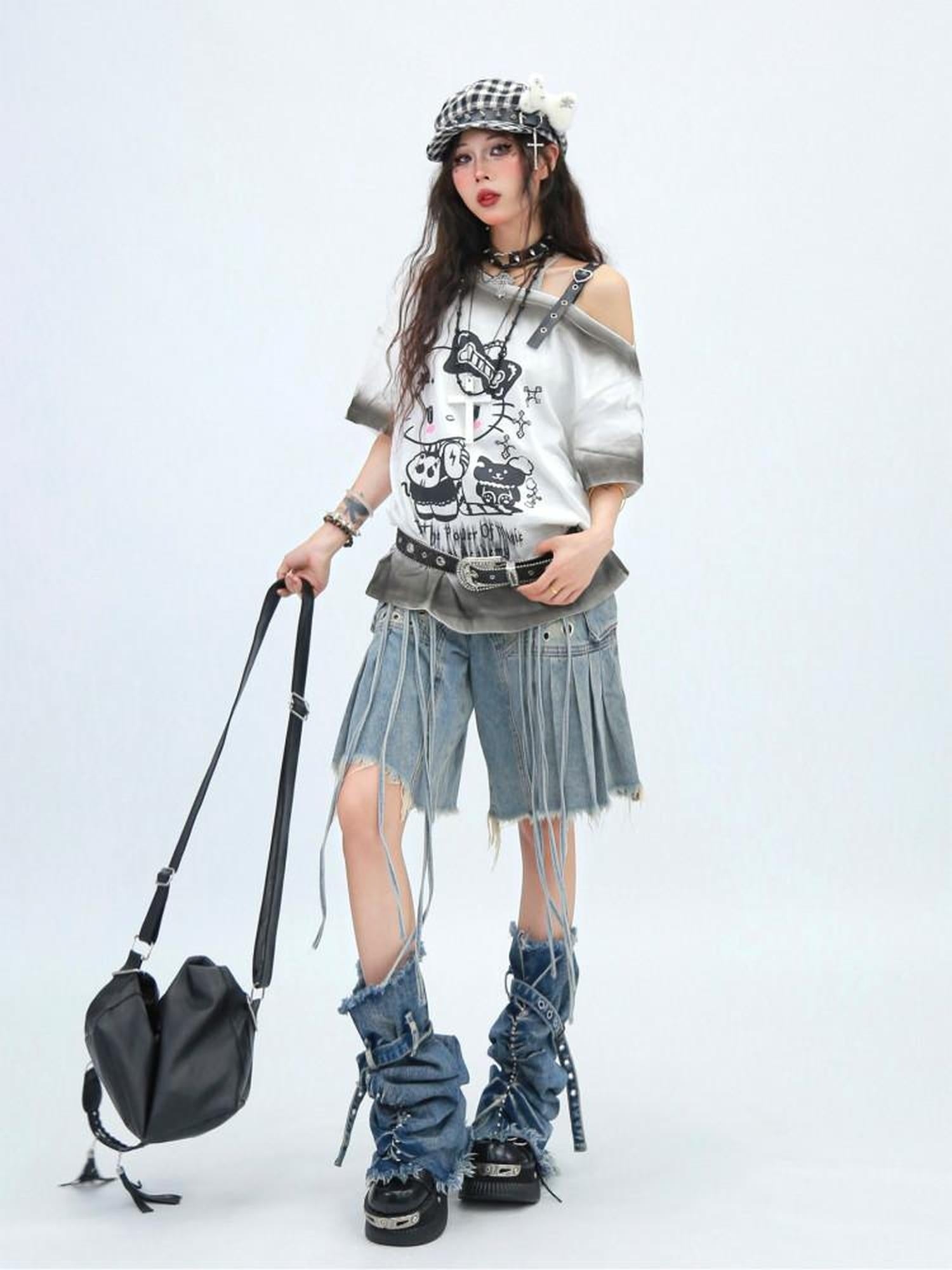 NANAICHILLI Moisture Wicking Cotton Street Loose Oblique Neck Printed Unisex Cartoon T-Shirt