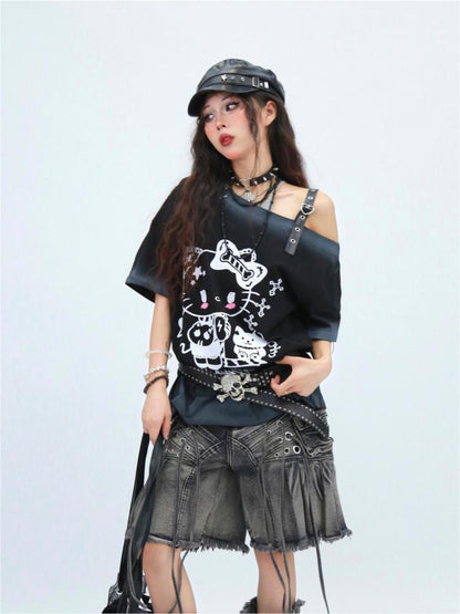 NANAICHILLI Moisture Wicking Cotton Street Loose Oblique Neck Printed Unisex Cartoon T-Shirt