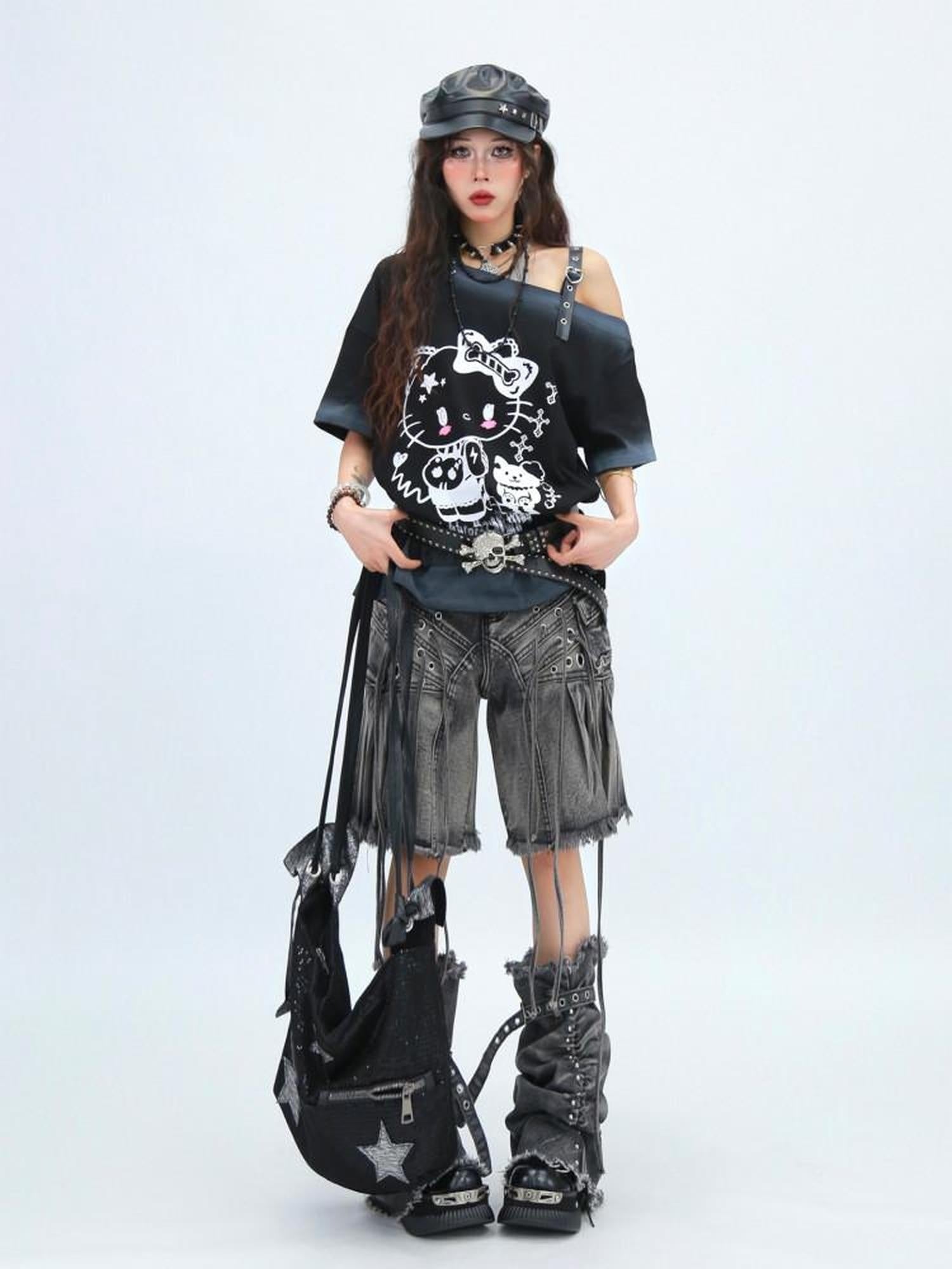 NANAICHILLI Moisture Wicking Cotton Street Loose Oblique Neck Printed Unisex Cartoon T-Shirt