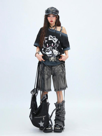 NANAICHILLI Moisture Wicking Cotton Street Loose Oblique Neck Printed Unisex Cartoon T-Shirt