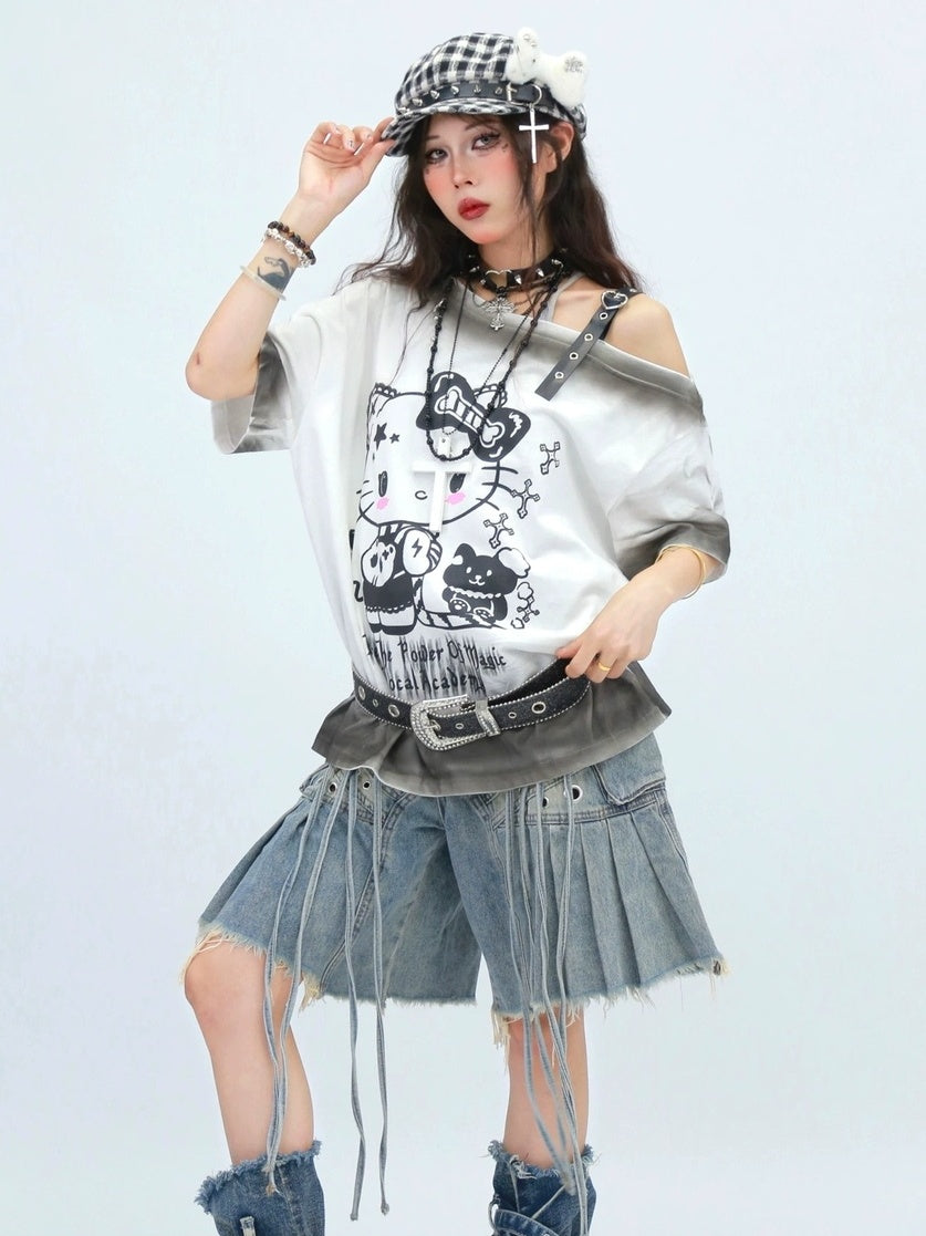 NANAICHILLI Moisture Wicking Cotton Street Loose Oblique Neck Printed Unisex Cartoon T-Shirt