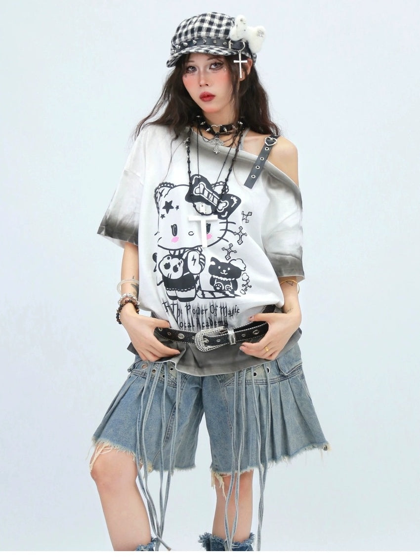 NANAICHILLI Moisture Wicking Cotton Street Loose Oblique Neck Printed Unisex Cartoon T-Shirt