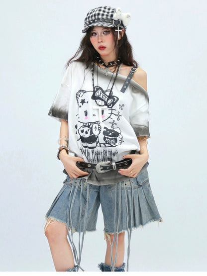 NANAICHILLI Moisture Wicking Cotton Street Loose Oblique Neck Printed Unisex Cartoon T-Shirt