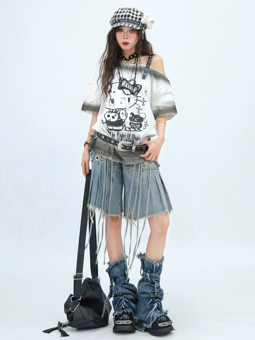 NANAICHILLI Moisture Wicking Cotton Street Loose Oblique Neck Printed Unisex Cartoon T-Shirt