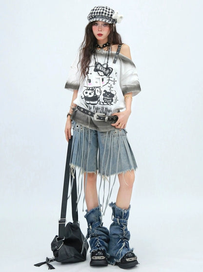 NANAICHILLI Moisture Wicking Cotton Street Loose Oblique Neck Printed Unisex Cartoon T-Shirt