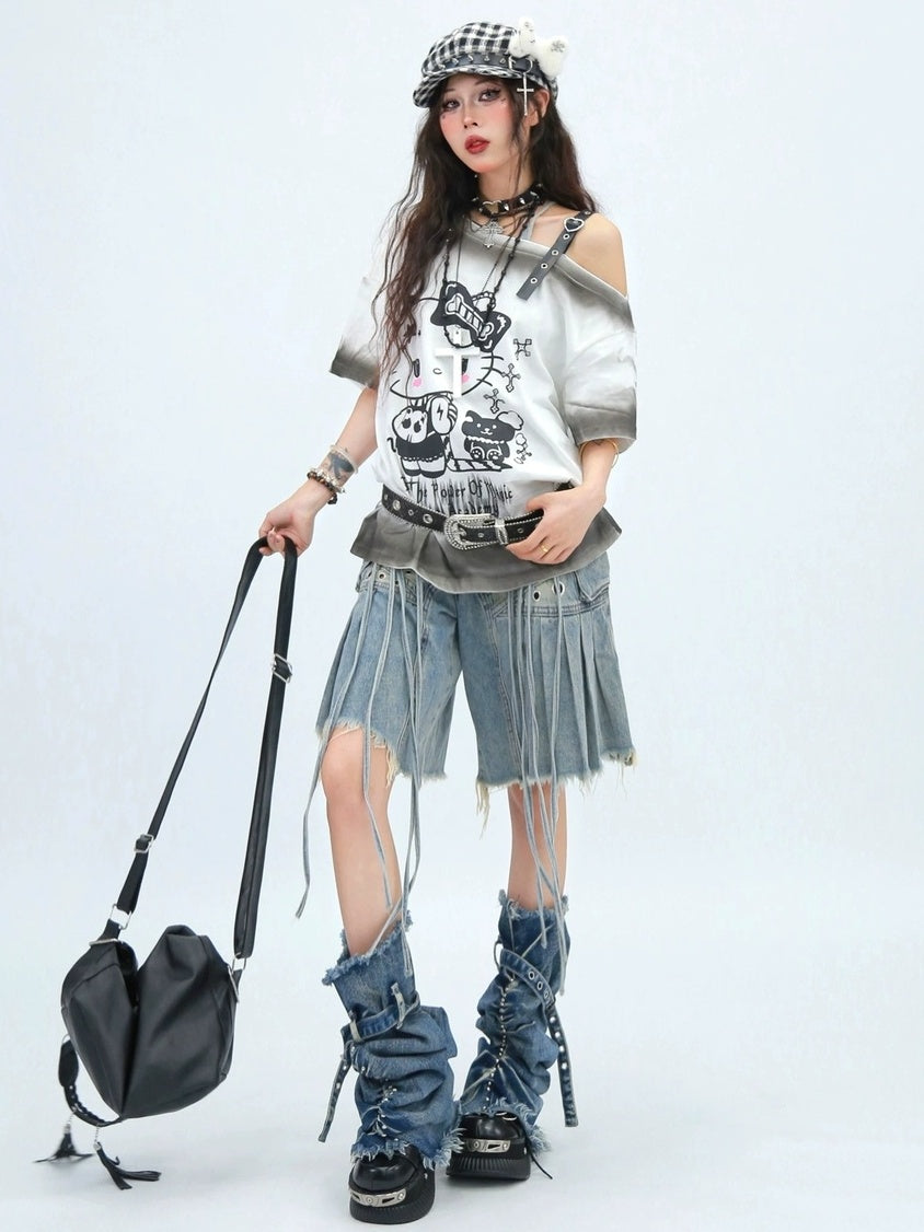 NANAICHILLI Moisture Wicking Cotton Street Loose Oblique Neck Printed Unisex Cartoon T-Shirt