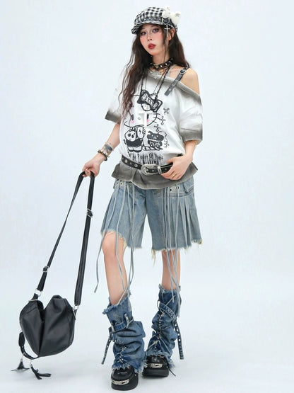 NANAICHILLI Moisture Wicking Cotton Street Loose Oblique Neck Printed Unisex Cartoon T-Shirt